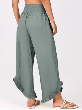 Smocked Waist Ruffle-Hem Wide Leg Pants - Sage Green